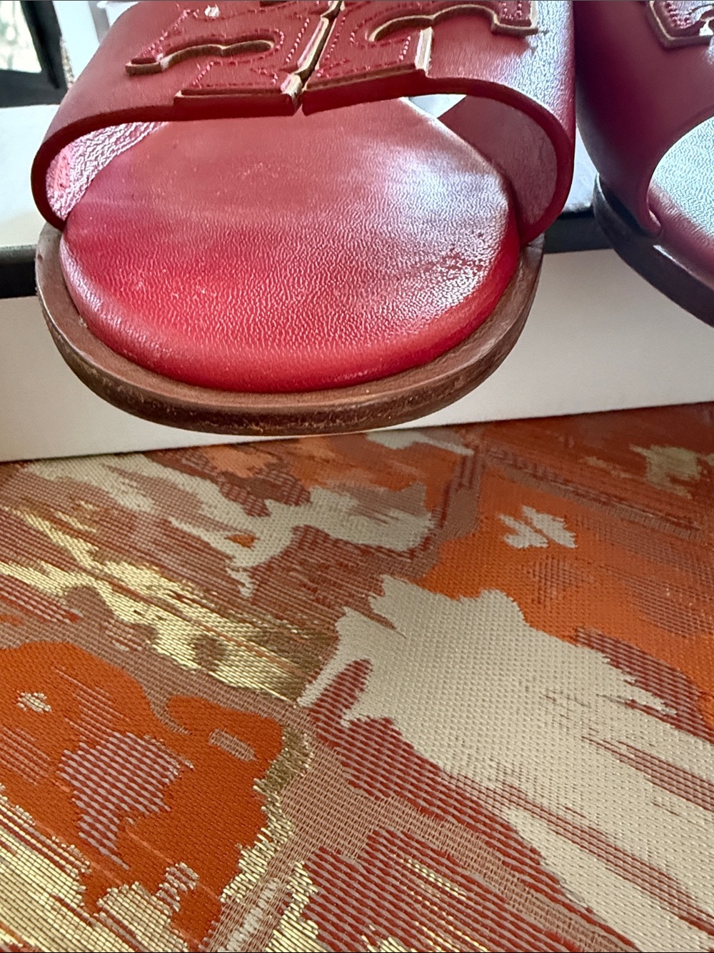 Tory Burch Red/Gold Double T leather slides - Picture 3 of 16